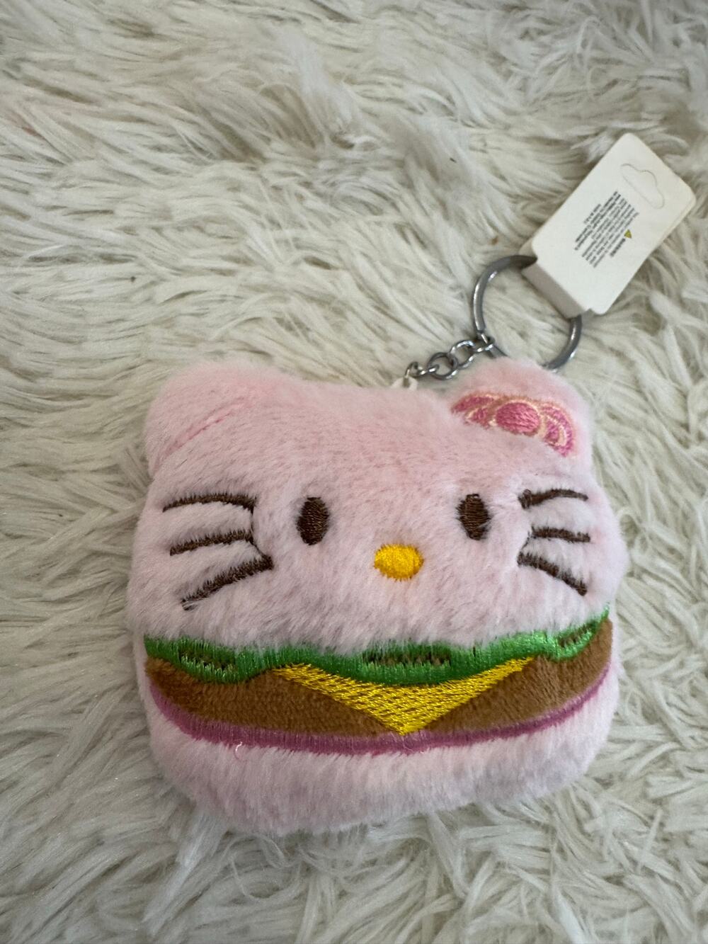 Sanrio Hello Kitty pink plush keychain with burger design